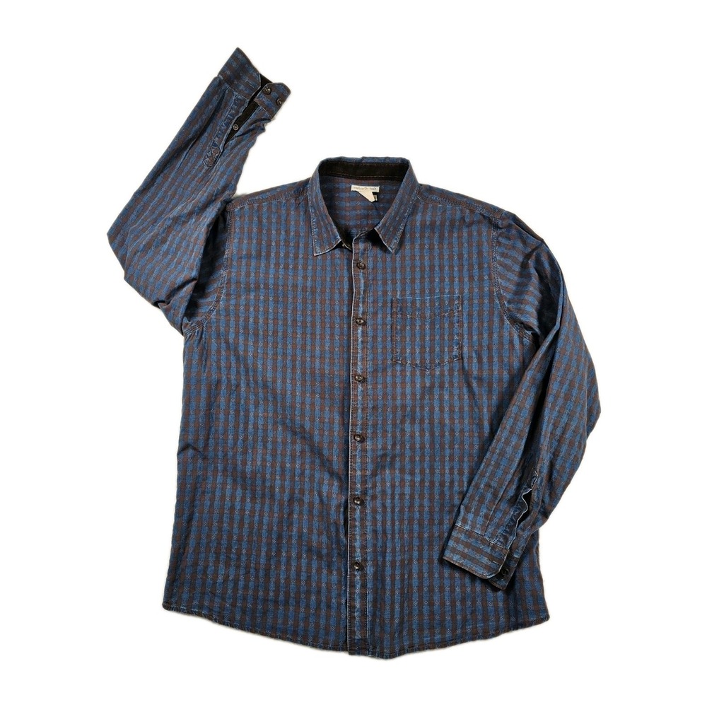 Carbon2Cobalt Mens Large Blue Brown Check Button Down Shirt 100% Cotton